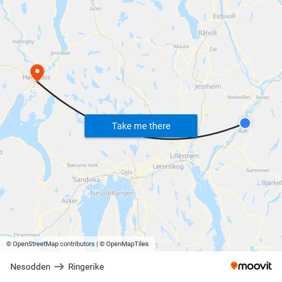 Nesodden to Ringerike map