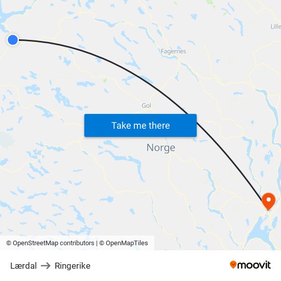 Lærdal to Ringerike map