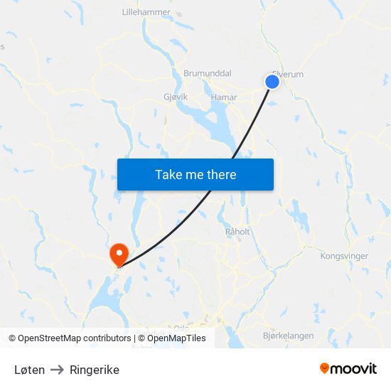 Løten to Ringerike map