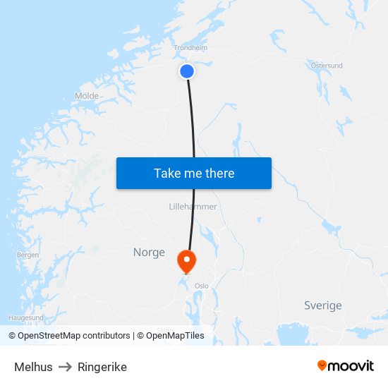 Melhus to Ringerike map