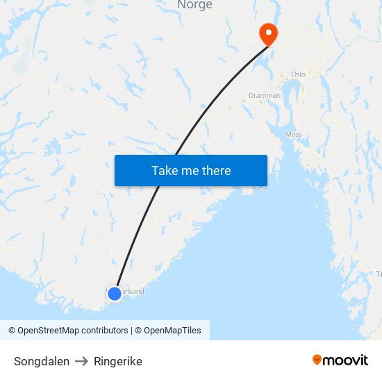 Songdalen to Ringerike map