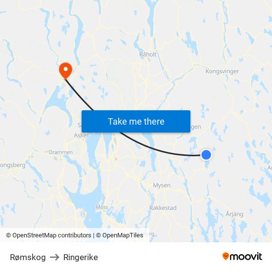 Rømskog to Ringerike map