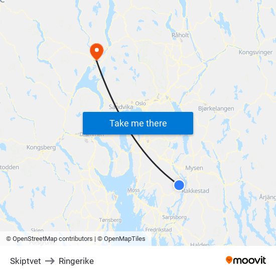 Skiptvet to Ringerike map