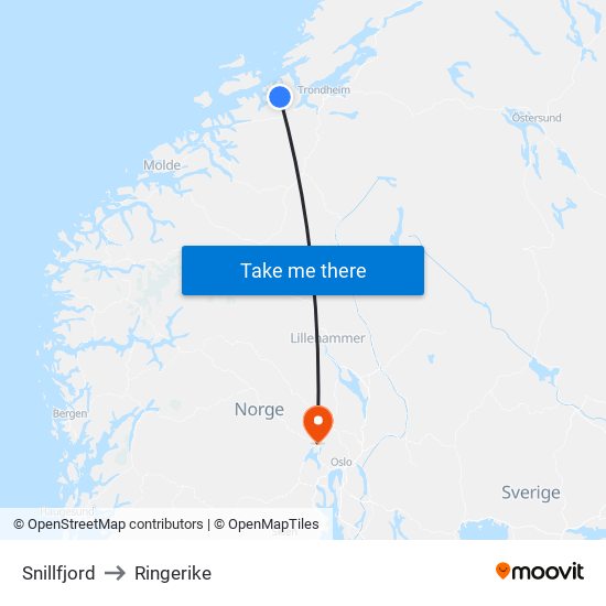 Snillfjord to Ringerike map