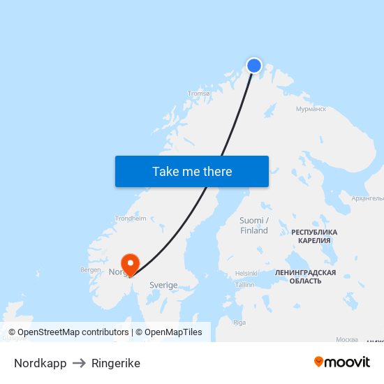 Nordkapp to Ringerike map