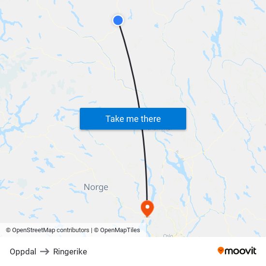 Oppdal to Ringerike map