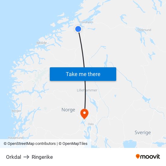 Orkdal to Ringerike map