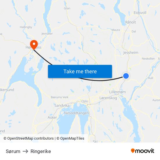 Sørum to Ringerike map