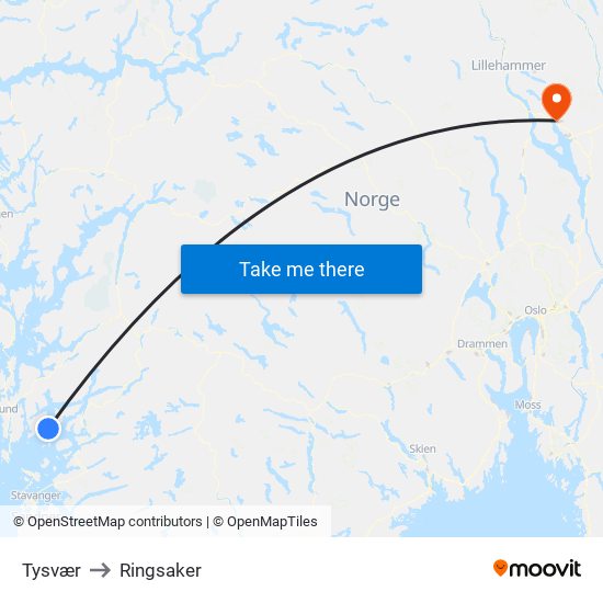 Tysvær to Ringsaker map