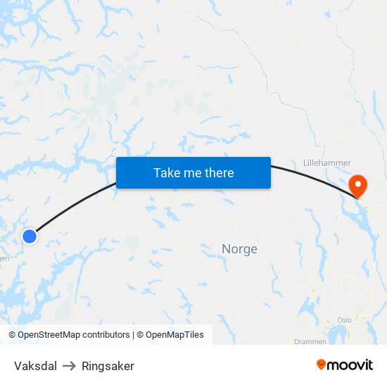 Vaksdal to Ringsaker map