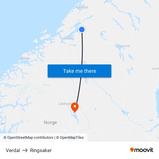 Verdal to Ringsaker map