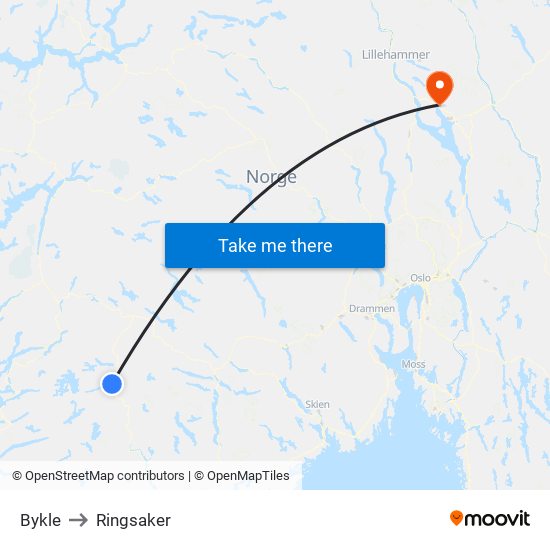 Bykle to Ringsaker map