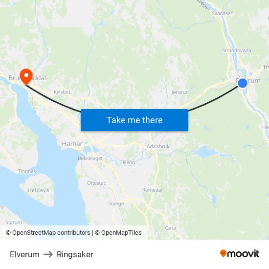 Elverum to Ringsaker map