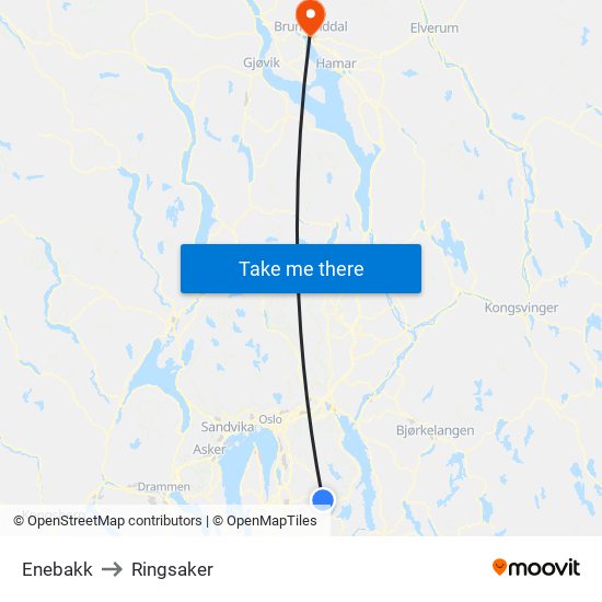 Enebakk to Ringsaker map