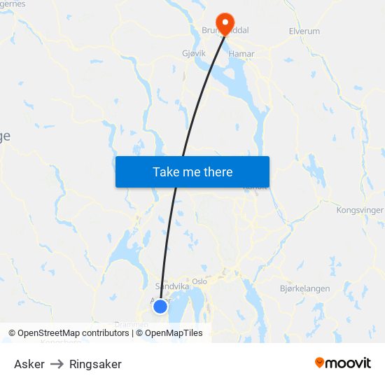 Asker to Ringsaker map