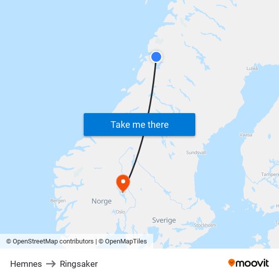 Hemnes to Ringsaker map