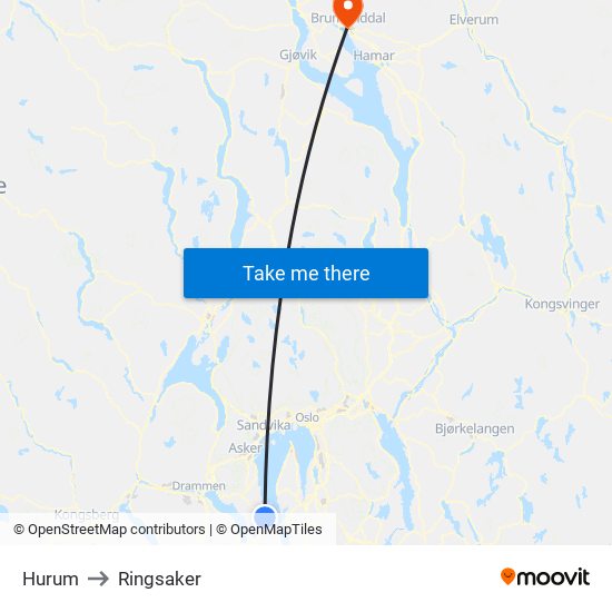 Hurum to Ringsaker map