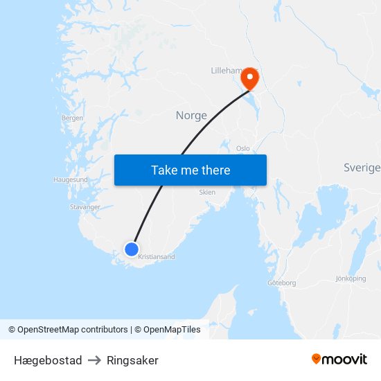 Hægebostad to Ringsaker map