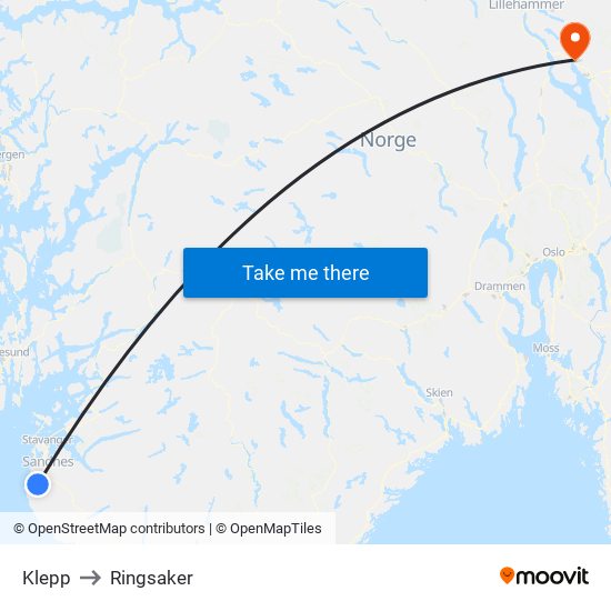 Klepp to Ringsaker map