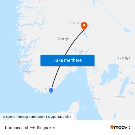 Kristiansand to Ringsaker map