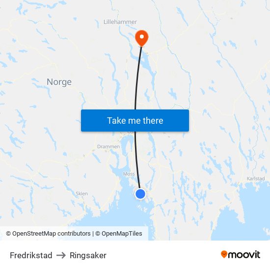 Fredrikstad to Ringsaker map