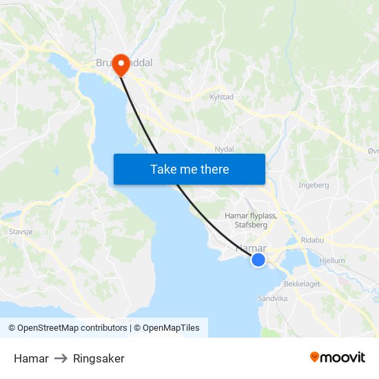 Hamar to Ringsaker map