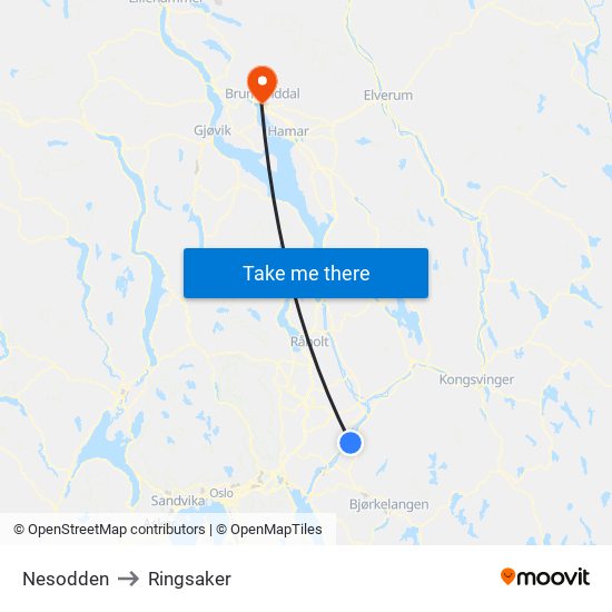 Nesodden to Ringsaker map