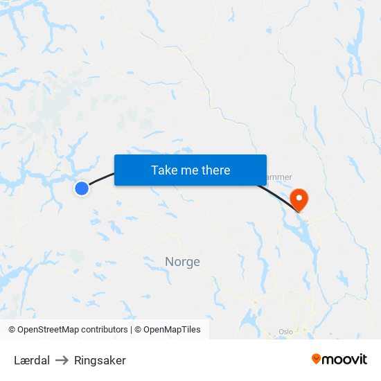 Lærdal to Ringsaker map