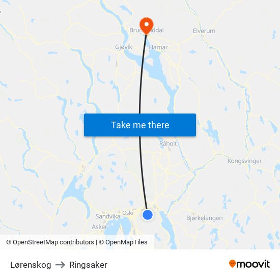 Lørenskog to Ringsaker map