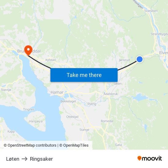 Løten to Ringsaker map