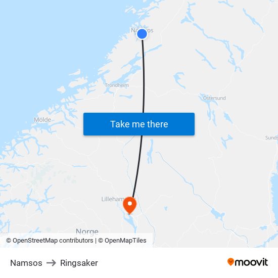 Namsos to Ringsaker map