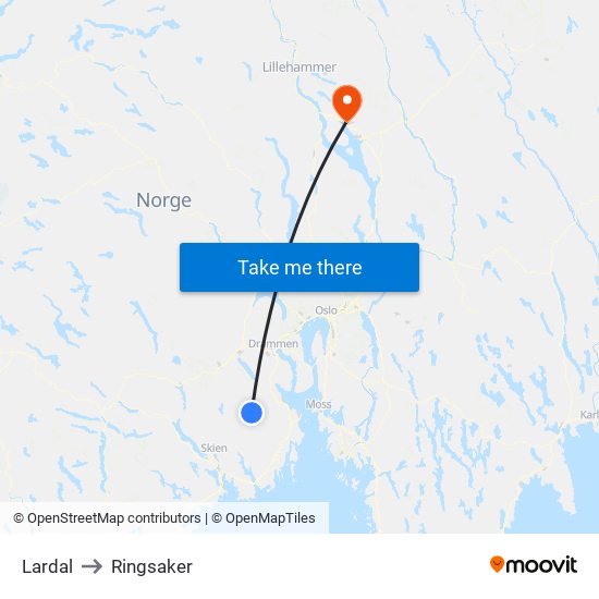 Lardal to Ringsaker map