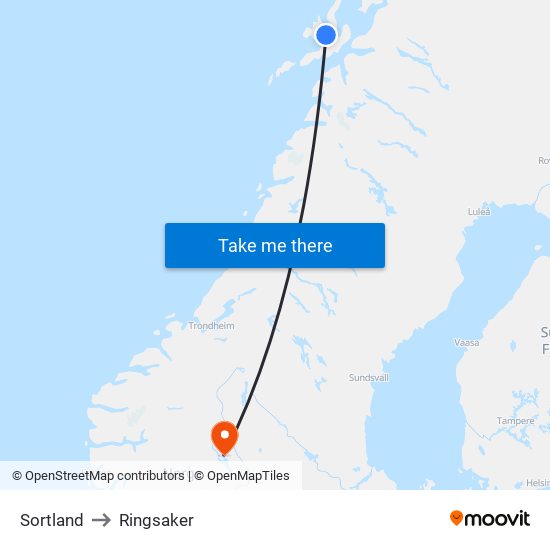 Sortland to Ringsaker map