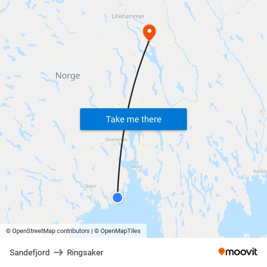 Sandefjord to Ringsaker map