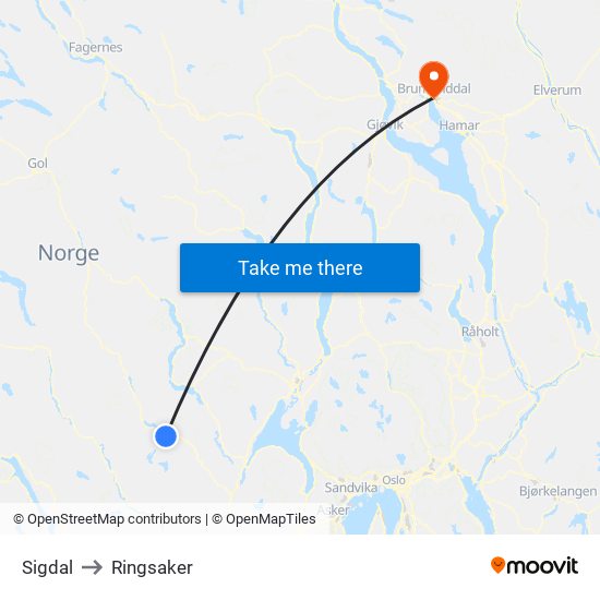 Sigdal to Ringsaker map