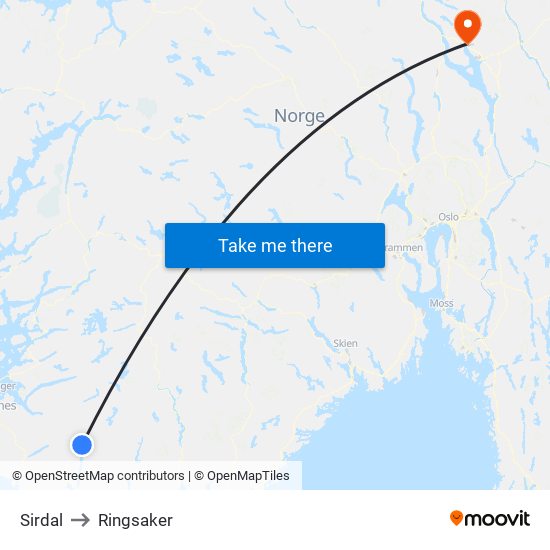 Sirdal to Ringsaker map