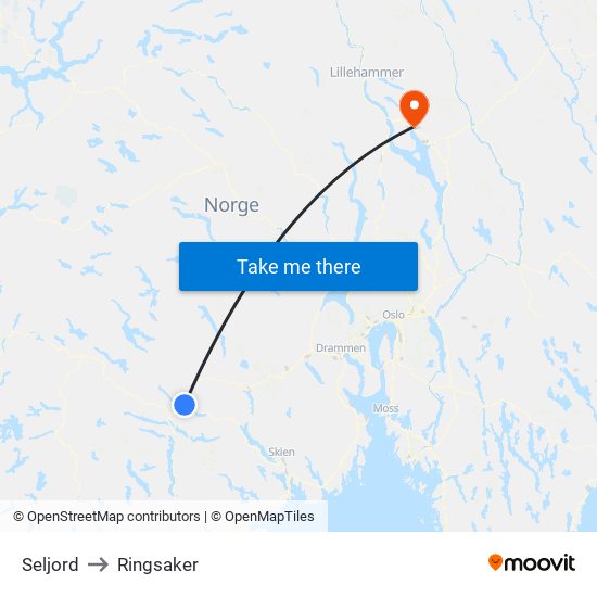 Seljord to Ringsaker map