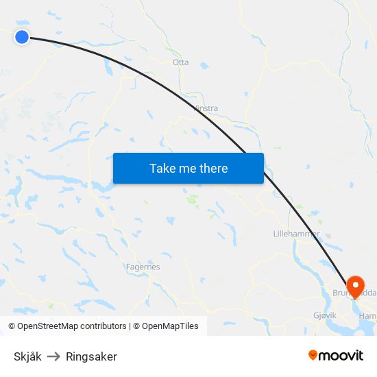 Skjåk to Ringsaker map