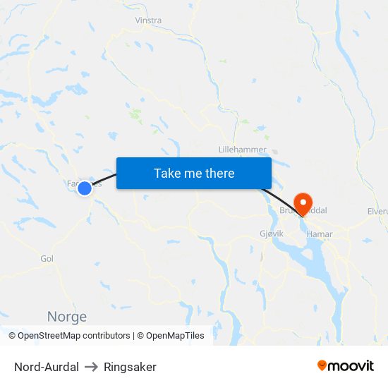 Nord-Aurdal to Ringsaker map