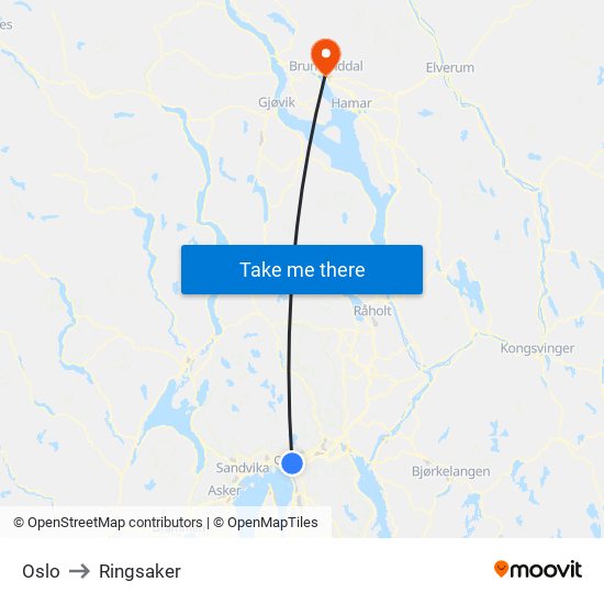 Oslo to Ringsaker map