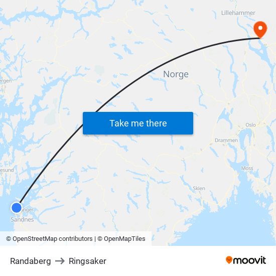 Randaberg to Ringsaker map