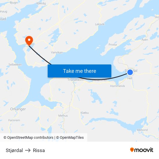 Stjørdal to Rissa map