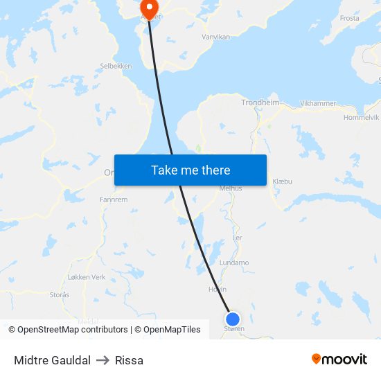 Midtre Gauldal to Rissa map