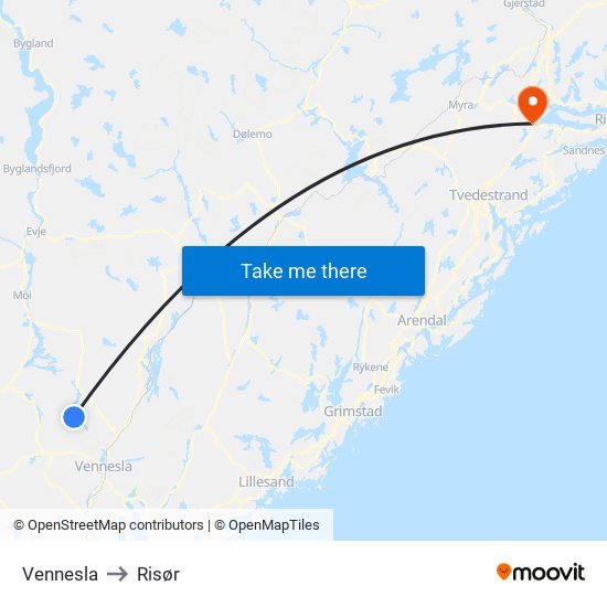 Vennesla to Risør map