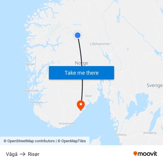 Vågå to Risør map