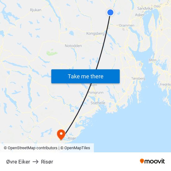 Øvre Eiker to Risør map
