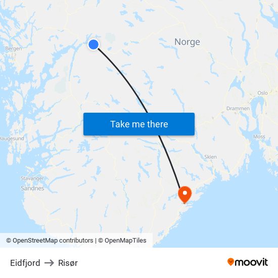 Eidfjord to Risør map