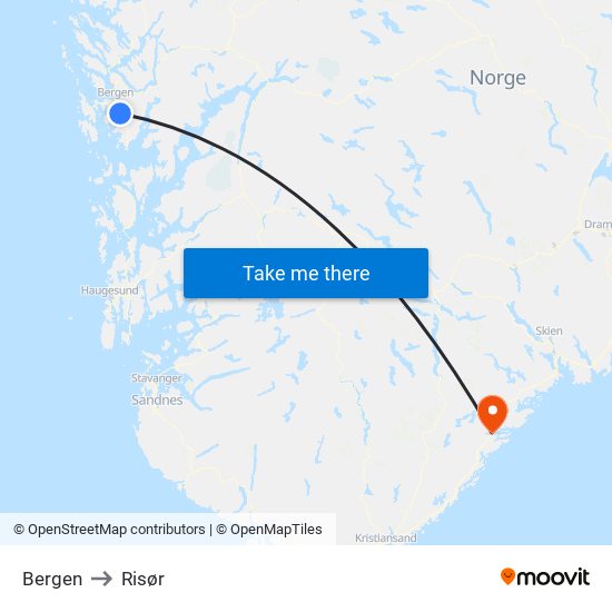 Bergen to Risør map