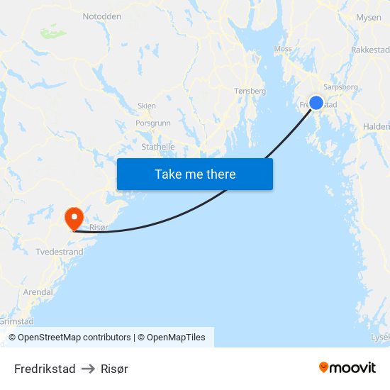 Fredrikstad to Risør map