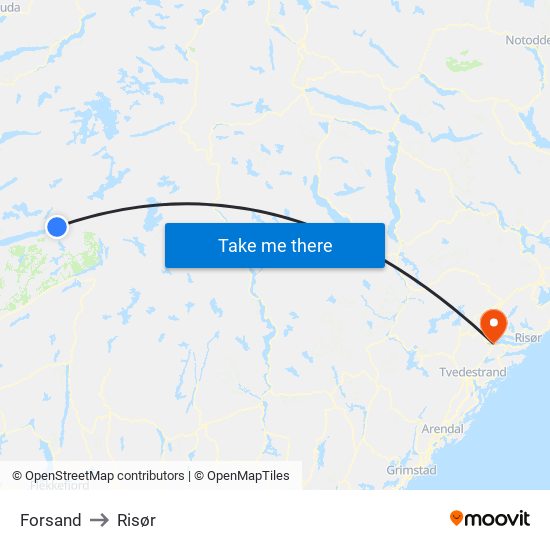 Forsand to Risør map
